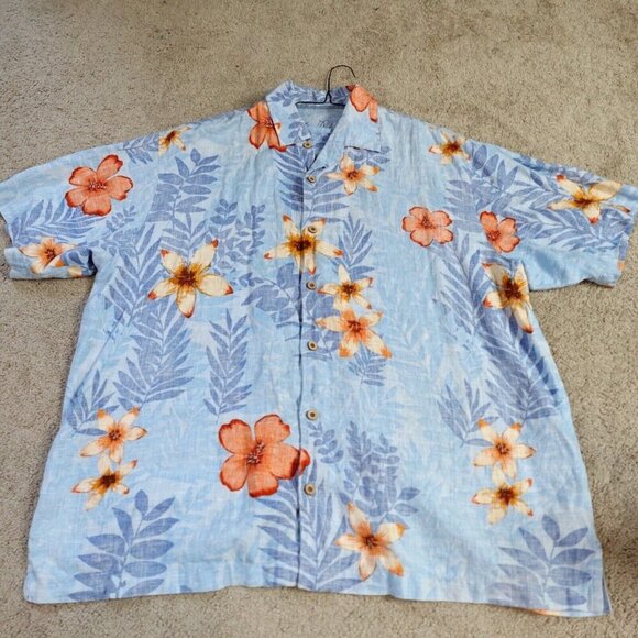 Tommy Bahama Shirt XL Blue Floral Print  Reverse Short Sleeve 100% Linen - Picture 1 of 6